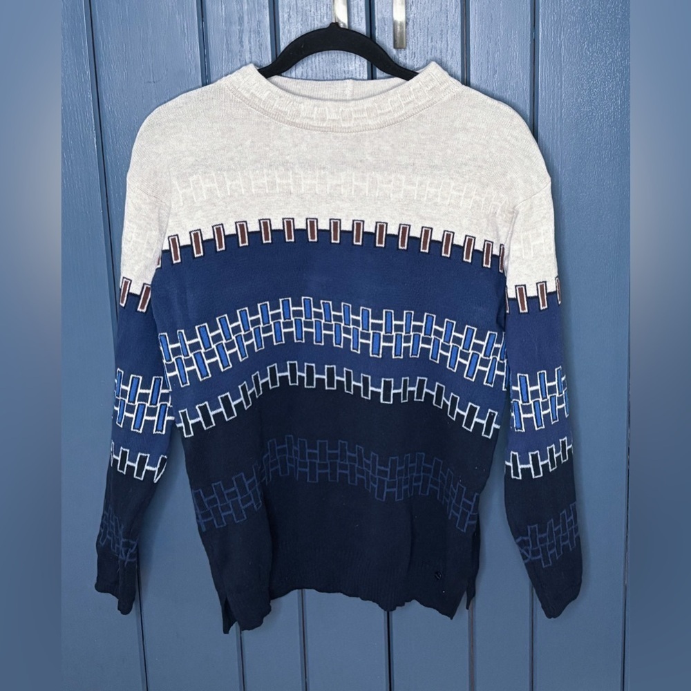 Womens Olsen Block Print Lightweight Sweater Size XS 4 Blue Cream Fall Preppy